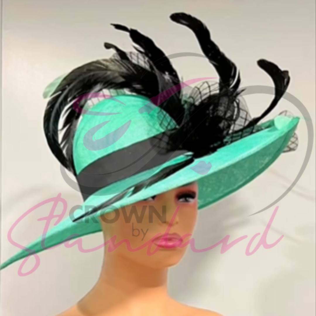 Mint Green Hat with Bow, Crinoline and Feathers