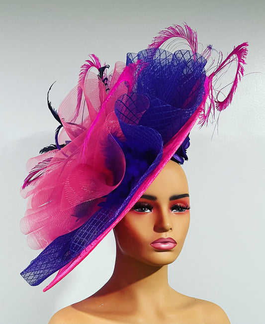 Pink and Purple fascinator with purple and pink sword feathers
