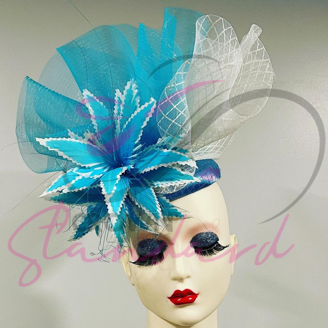 Blue and White Hat with Blue Feather-Flowers