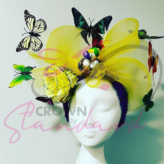 Yellow Crinoline Fascinator with Nest, Flower and Butterflies