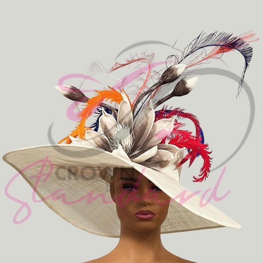 Fabulous ivory hat with a huge flower, feathers, and other design details!