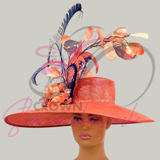 Glamorous peachy- orange hat with feathers and a huge flower!