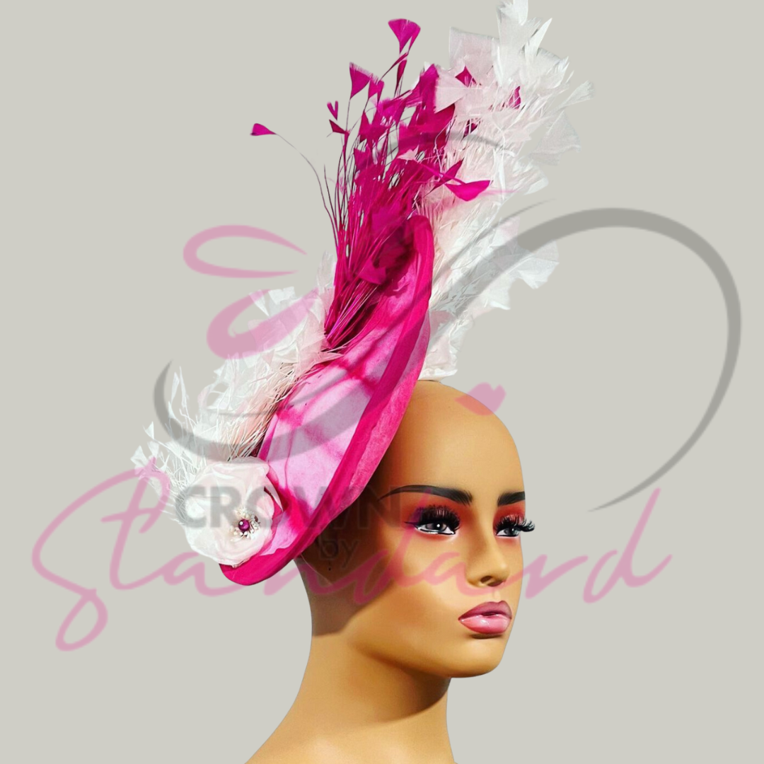 hot pink and white fascinator with pink and white feathers and flowers!