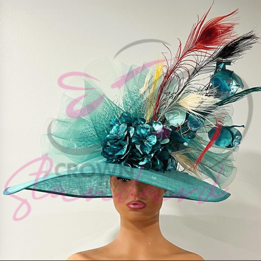 Gorgeous hand dyed crinoline in turquoise on this hat with matching details, and different color of feathers!
