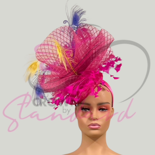 Gorgeous pink fascinator with multi color feathers!