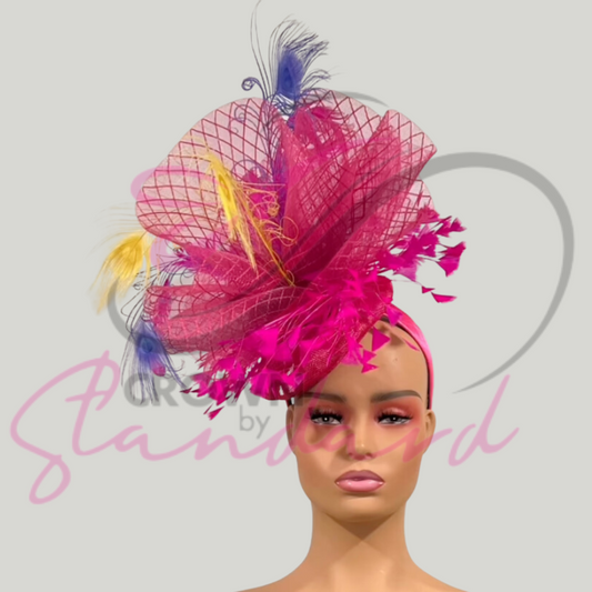 Gorgeous pink fascinator with multicolored feathers