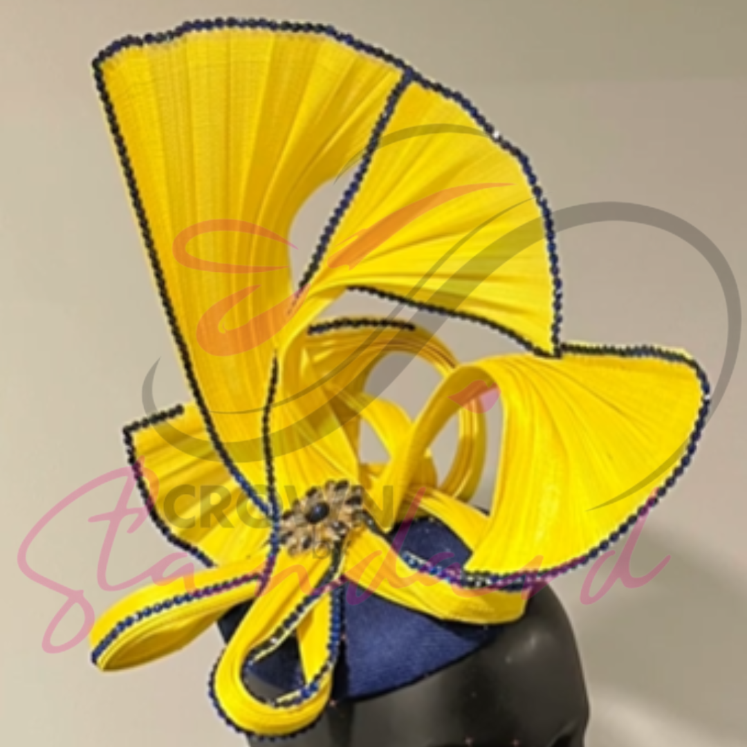 Yellow and Blue Fascinator with Sapphire Blue Crystals and Brooch