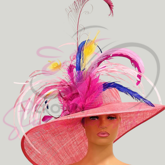Huge pink hat with many design details. Perfect choice for Derby 150