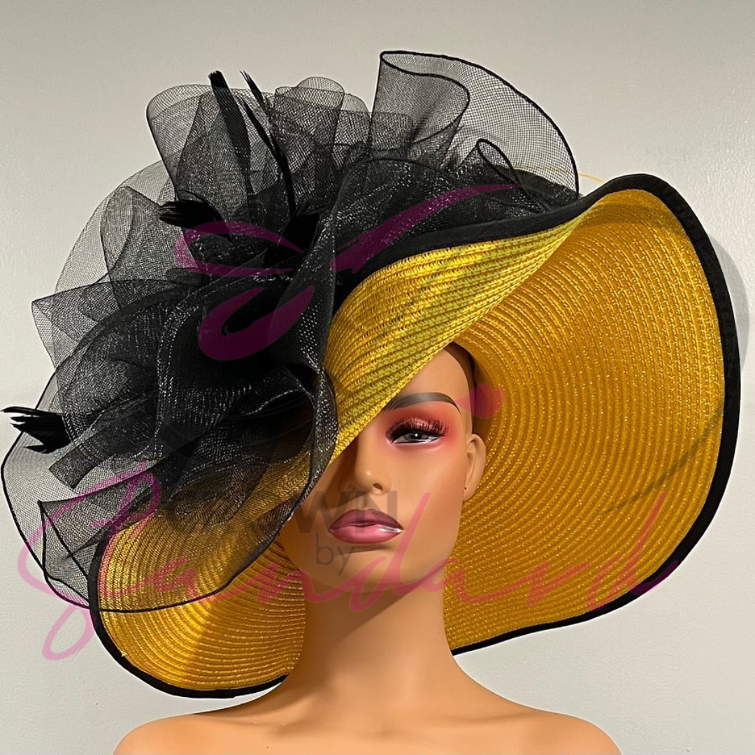 Yellow Brimmed Hat with Crinoline and Yellow and Black Feathers