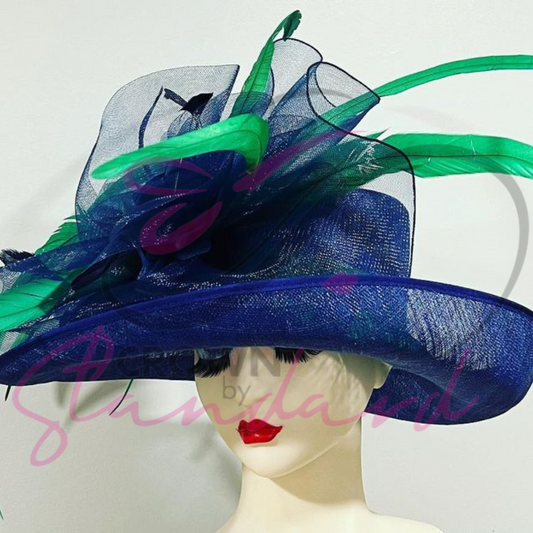Navy Blue Hat with Green Feathers