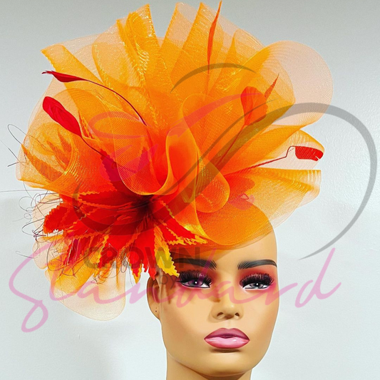 Red and Orange Feather-Flower on Orange Fascinator