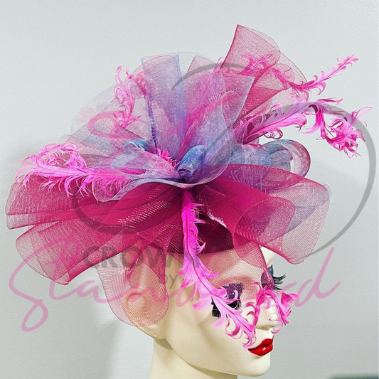 Pink and Multicolored Crinoline Fascinator with Pink Feathers