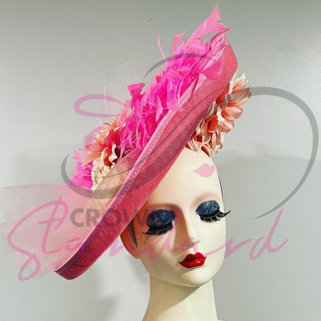 Pink Hatinator with Crinoline, Feathers, and Flowers