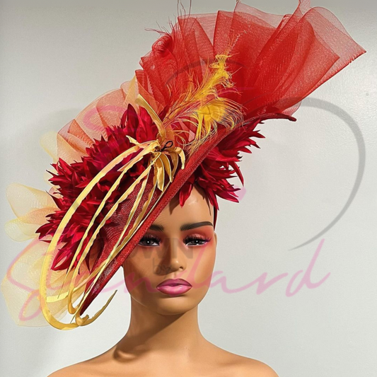 Red fascinator with hand dyed crinoline, and other design details!