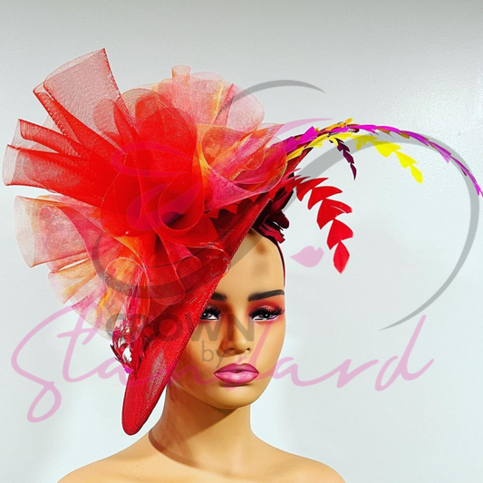 Red Fascinator with Multicolored Crinoline and Feathers