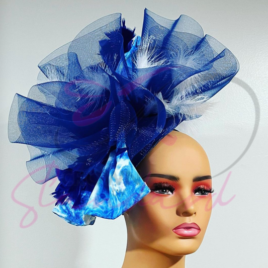 Royal blue and white fascinator with hand dyed fabric, crinoline, and feathers!