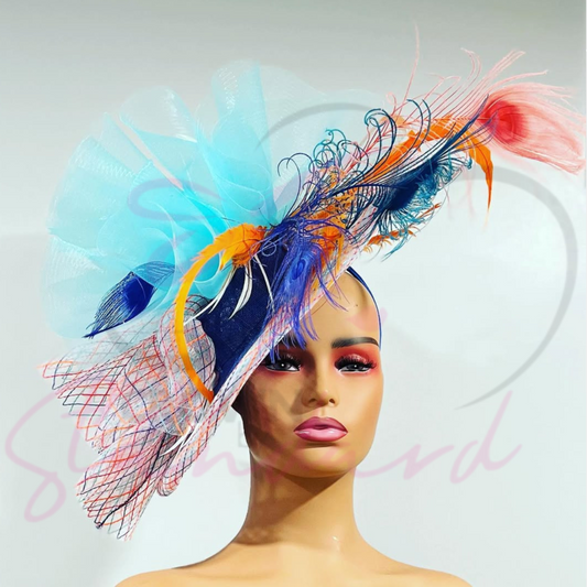 This multiple color fascinator in blue, orange, a touch of red and white. It's ready for your next special event!