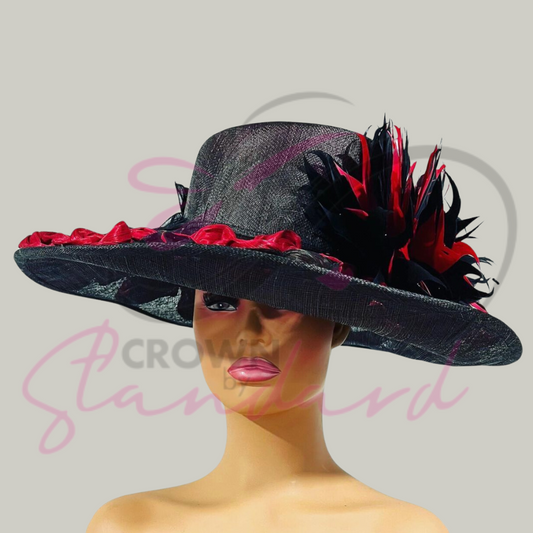 Feather flower and black and red silk abaca hat