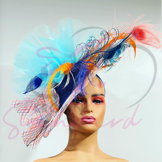 Multicolored blue and orange fascinator with a touch of red and white