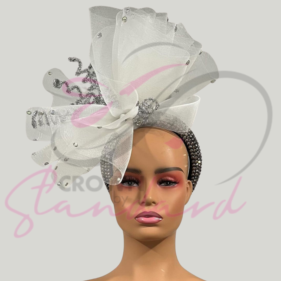 White fascinator with silver design details!