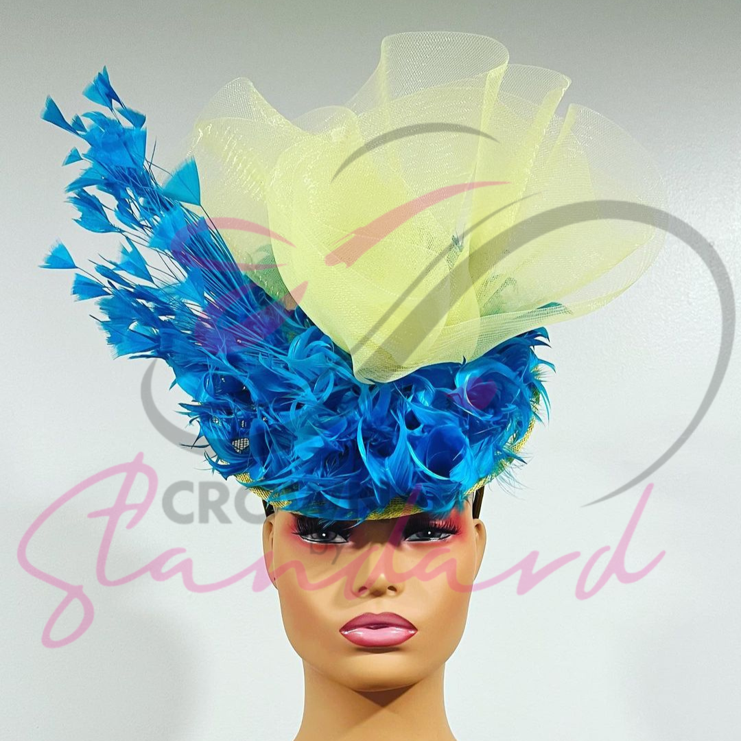 Yellow Fascinator with Blue Feathers and Yellow Flower