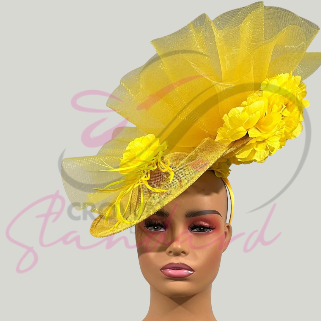 Yellow fascinator with crinoline and flowers. What a beauty!