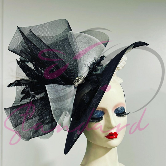 Black and White Fascinator with Feathers, Flower, and Shine