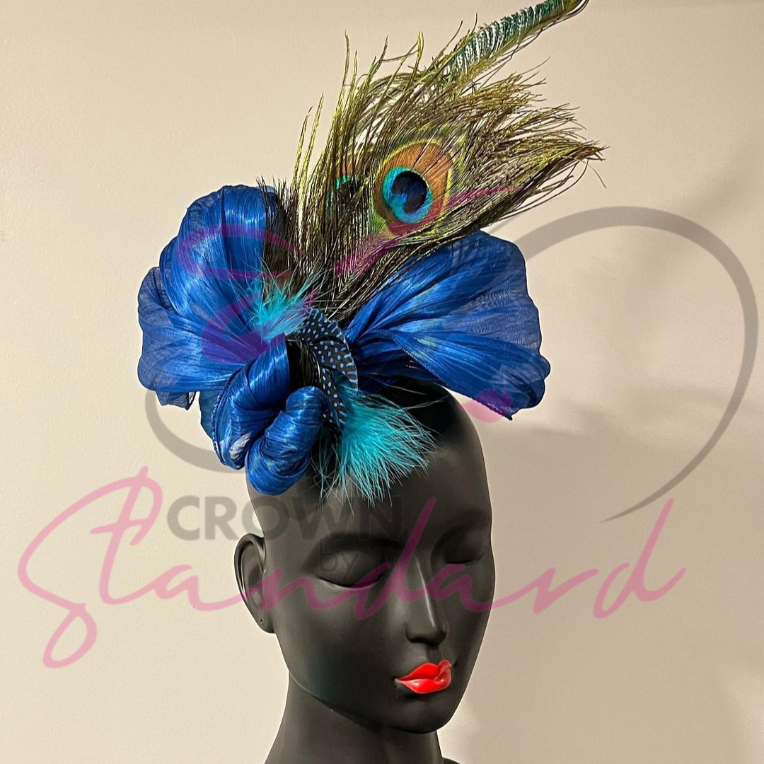 Blue Floral Fascinator with Bow and Peacock Feathers