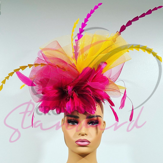 Pink and Yellow Feathered Fascinator